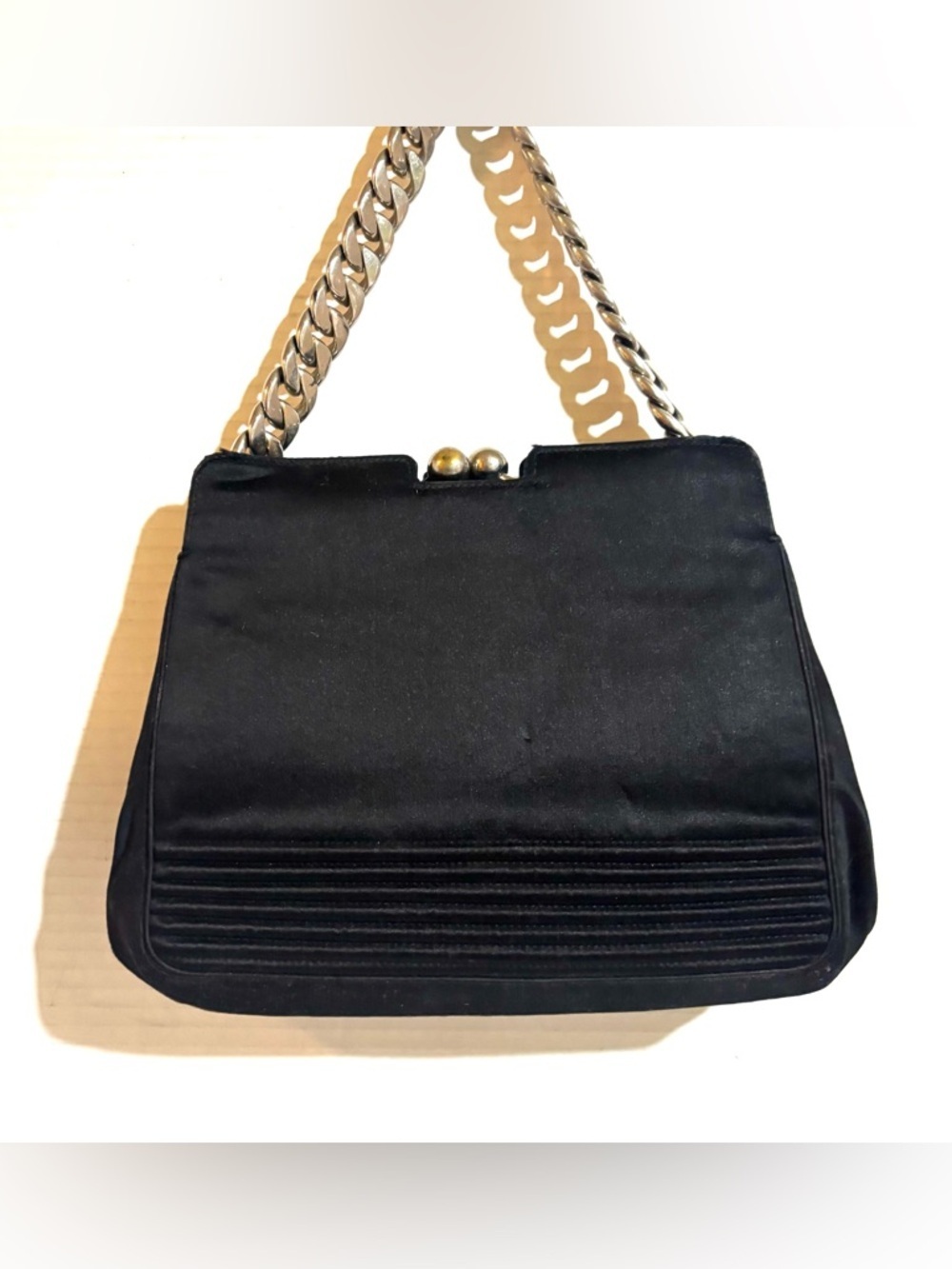 Vintage Black Satin handle Bag with Gold / silver Chain